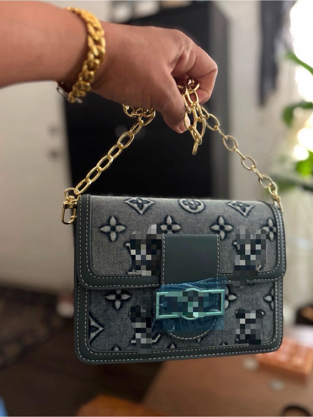Denim-Textured Dark Teal Shoulder Bag with Gold Chain